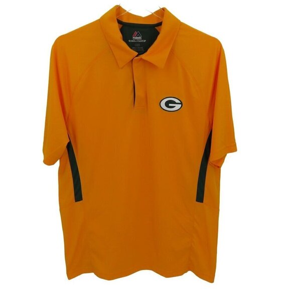 Majestic Mens Large Green Bay Packers Yellow Green Polo Shirt Cool Base Collared - Picture 1 of 10
